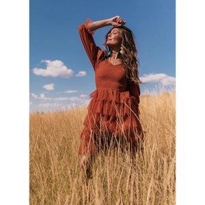 Jessake Dress Womens 1X Orange Potters Clay Maisy Long Sleeve Ruffle Tiered New
